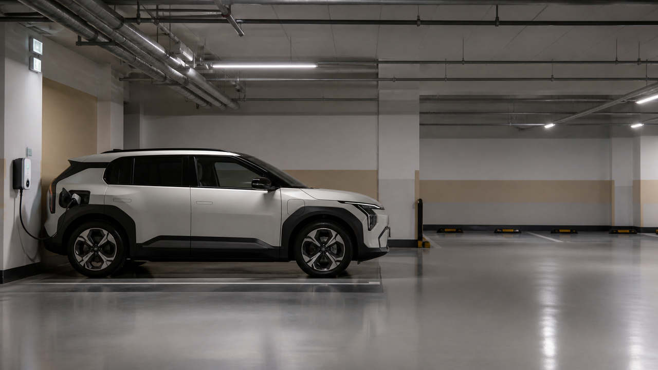 아파트 지하주차장에 주차된 전기 SUV
